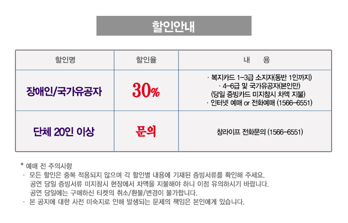 할인안내
장애인/국가유공자 할인율 30퍼센트 복지카드 1-3급 소지자(동반 1인까지), 4-6급 및 국가유공자(본인만)(당일 증빙카드 미지참시 차액 지불), 인터넷 예매 또는 전화예매 (1566-6551)
단체 20인 이상 할인율 문의 창라이프 전화문의 (1566-6551)
예매 전 주의사항
모든 할인은 중복 적용되지 않으며 각 할인별 내용에 기재된 증빙서류를 확인해 주세요. 공연 당일 증빙서류 미지참시 현장에서 차액을 지불해야 하니 이점 유의하시기 바랍니다. 공연 당일에는 구매하신 티켓의 취소/환불/변경이 불가합니다.
본 공지에 대한 사전 미숙지로 인해 발생되는 문제의 책임은 본인에게 있습니다.
