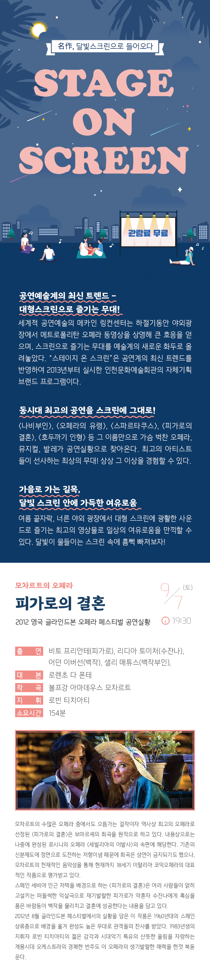 명작 달빛 스크린으로 들어오다
스테이지 온 스크린

관람료 무료

공연예술계의 최신 트렌드 - 대형스크린으로 즐기는 무대!
세계적 공연예술의 메카인 링컨센터는 하절기동안 야외광장에서 메트로폴리탄 오페라 동영상을 상영해 큰 호응을 얻으며, 스크린으로 즐기는 무대를 예술계의 새로운 화두로 올려놓았다. “스테이지 온 스크린”은 공연계의 최신 트렌드를 반영하여 2013년부터 실시한 인천문화예술회관의 자체기획 브랜드 프로그램이다.

동시대 최고의 공연을 스크린에 그대로! 
<나비부인>, <오페라의 유령>, <스파르타쿠스>, <빌리 엘리어트>, <호두까기 인형> 등 그 이름만으로 가슴 벅찬 오페라, 뮤지컬, 발레가 공연실황으로 찾아온다. 최고의 아티스트들이 선사하는 최상의 무대! 상상 그 이상을 경험할 수 있다. 

가을로 가는 길목, 달빛 스크린 안에 가득한 여유로움
여름끝자락, 너른 야외 광장에서 대형 스크린에 광활한 사운드로 즐기는 최고의 영상물로 일상의 여유로움을 만끽할 수 있다. 달빛이 물들이는 스크린 속에 흠뻑 빠져보자!



모차르트의 오페라   피가로의 결혼
2012 영국 글라인드본 오페라 페스티벌 공연실황

9월 7일(토) 19:30 


출    연 : 비토 프리안테(피가로), 리디아 토이처(수잔나), 
           어던 이버선(백작), 샐리 매튜스(백작부인) 외
대    본 : 로렌초 다폰테
작    곡 : 볼프강 아마데우스 모차르트
지    휘 : 로빈 티치아티
소요시간 : 154분


모차르트의 수많은 오페라 중에서도 으뜸가는 걸작이자 역사상 최고의 오페라로 선정된 <피가로의 결혼>은 보마르셰의 희곡을 원작으로 하고 있다. 기존의 신분제도에 정면으로 도전하는 저항이념 때문에 희곡은 상연이 금지되기도 했으나, 모차르트의 천재적인 음악성을 통해 현재까지 18세기 이탈리아 코믹오페라의 대표적인 작품으로 평가받고 있다.
스페인 세비야 인근 저택을 배경으로 하는 <피가로의 결혼>은 여러 사람들이 얽히고설키는 떠들썩한 익살극으로 재기발랄한 피가로가 약혼자 수잔나에게 흑심을 품은 바람둥이 백작을 물리치고 결혼에 성공한다는 내용을 담고 있다.
2012년 8월 글라인드본 페스티벌에서의 실황을 담은 이 작품은 1960년대의 스페인 상류층으로 배경을 옮겨 완성도 높은 무대로 관객들의 찬사를 받았다. 1983년생의 지휘자 로빈 티치아티의 젊은 감각과 시대악기 특유의 산뜻한 울림을 자랑하는 계몽시대 오케스트라의 경쾌한 반주도 이 오페라의 생기발랄한 매력을 한껏 북돋운다.
