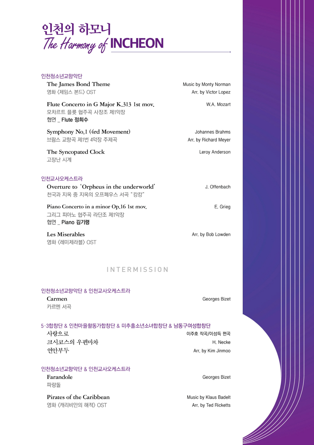 PROGRAM

인천청소년교향악단
The James Bond Theme                                    Music by Monty Norman
영화 <제임스 본드> OST                                         Arr. by Victor Lopez

Mozart Concerto in G for Flute K.313 1st mov.                          Flute 정희수
모차르트 플륫 협주곡 사장조 제1악장

Symphony No.1 (4rd Movement)                                   Johannes Brahms
브람스 교향곡 제1번 4악장 주제곡                              Arr. by Richard Meyer

The Syncopated Clock                                              Leroy Anderson
고장난 시계

인천교사오케스트라
Overture to ‘Orpheus in the underworld’                               J. Offenbach
천국과 지옥 중 지옥의 오프페우스 서곡 “캉캉”

Grieg Piano Concerto in a minor Op.16 1st mov.                        Pino 김기령
그리그 피아노 협주곡 라단조 제1악장

Les Miserables                                                  Arr. by Bob Lowden
영화 <레미제라블> OST


- INTERMISSION - 

인천청소년교향악단 & 인천교사오케스트라
Carmen                                                                Georges Bizet
카르멘 서곡

5.3합창단 & 인천마을활동가합창단 & 미추홀소년소녀합창단 & 남동구여성합창단
사랑으로                                                      이주호 작곡/이성득 편곡
크시코스의 우편마차                                                         H. Necke
연안부두                                                         Arr. by Kim Jinmoo

인천청소년교향악단 & 인천교사오케스트라
Farandole                                                             Georges Bizet
파랑돌

Pirates of the Caribbean                                     Music by Klaus Badelt
영화 <캐리비안의 해적> OST                                     Arr. by Ted Ricketts