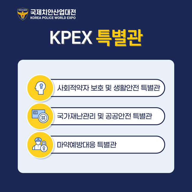 KPEX 특별관
사회적약자 보호 및 생활안전 특별관
국가재난관리 및 공공안전 특별괸
마약예방대응 특별관