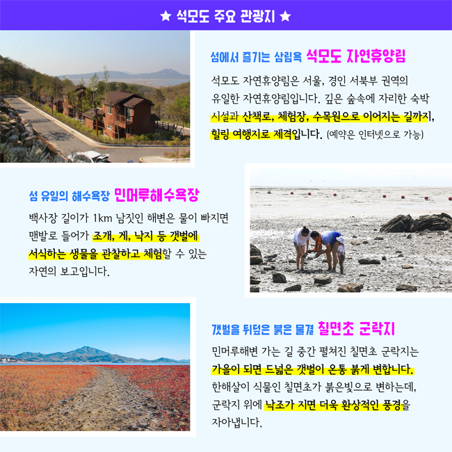 섬에서 즐기는 삼림욕 석모도 자연휴양림
석모도 자연휴양림은 서울, 경인 서북부 권역의 유일한 자연휴양림입니다. 깊은 숲속에 자리한 숙박 시설과 산책로, 체험장, 수목원으로 이어지는 길까지, 힐링 여행지로 제격입니다. (예약은 인터넷으로 가능)  

섬 유일의 해수욕장 민머루해수욕장
백사장 길이가 1km 남짓인 해변은 물이 빠지면 맨발로 들어가 조개, 게, 낙지 등 갯벌에 서식하는 생물을 관찰하고 체험할 수 있는 자연의 보고입니다.  

갯벌을 뒤덮은 붉은 물결 칠면초 군락지
민머루해변 가는 길 중간 펼쳐진 칠면초 군락지는 가을이 되면 드넓은 갯벌이 온통 붉게 변합니다. 한해살이 식물인 칠면초가 붉은빛으로 변하는데, 군락지 위에 낙조가 지면 더욱 환상적인 풍경을 자아냅니다.  