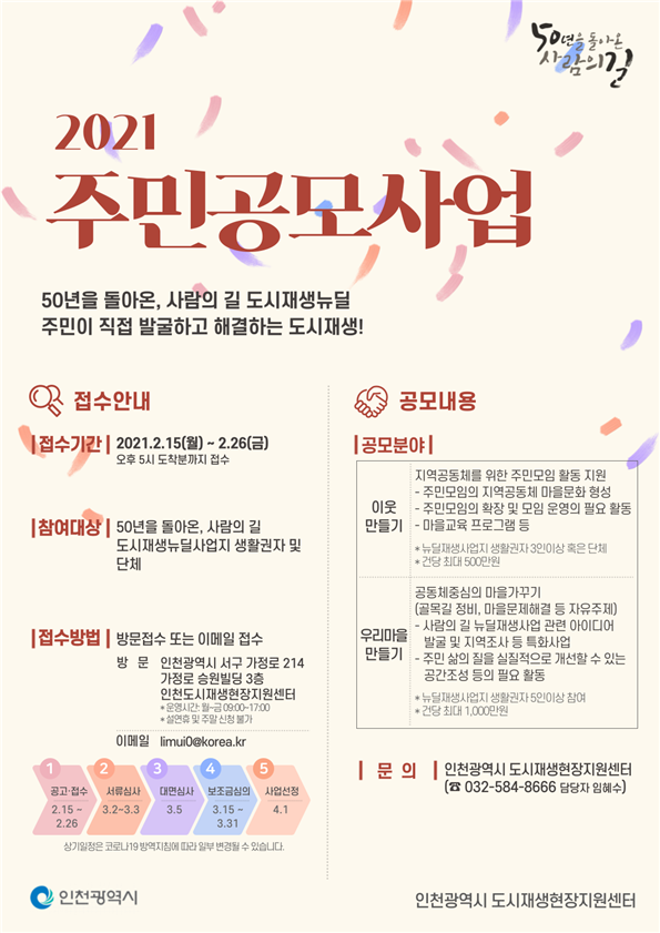 “50년을 돌아온, 사람의 길! 함께 만들어요!” 인천시, 도시재생 주민공모사업 최대 1000만원 지원