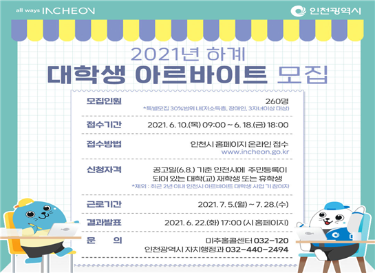 인천시, 2021년 하계 대학생 아르바이트 260명 모집