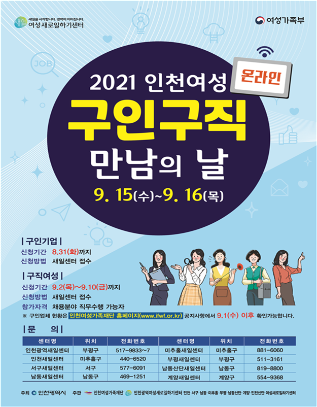 인천시, 9월 15일부터 인천여성 온라인 구인구직 만남의 날 진행