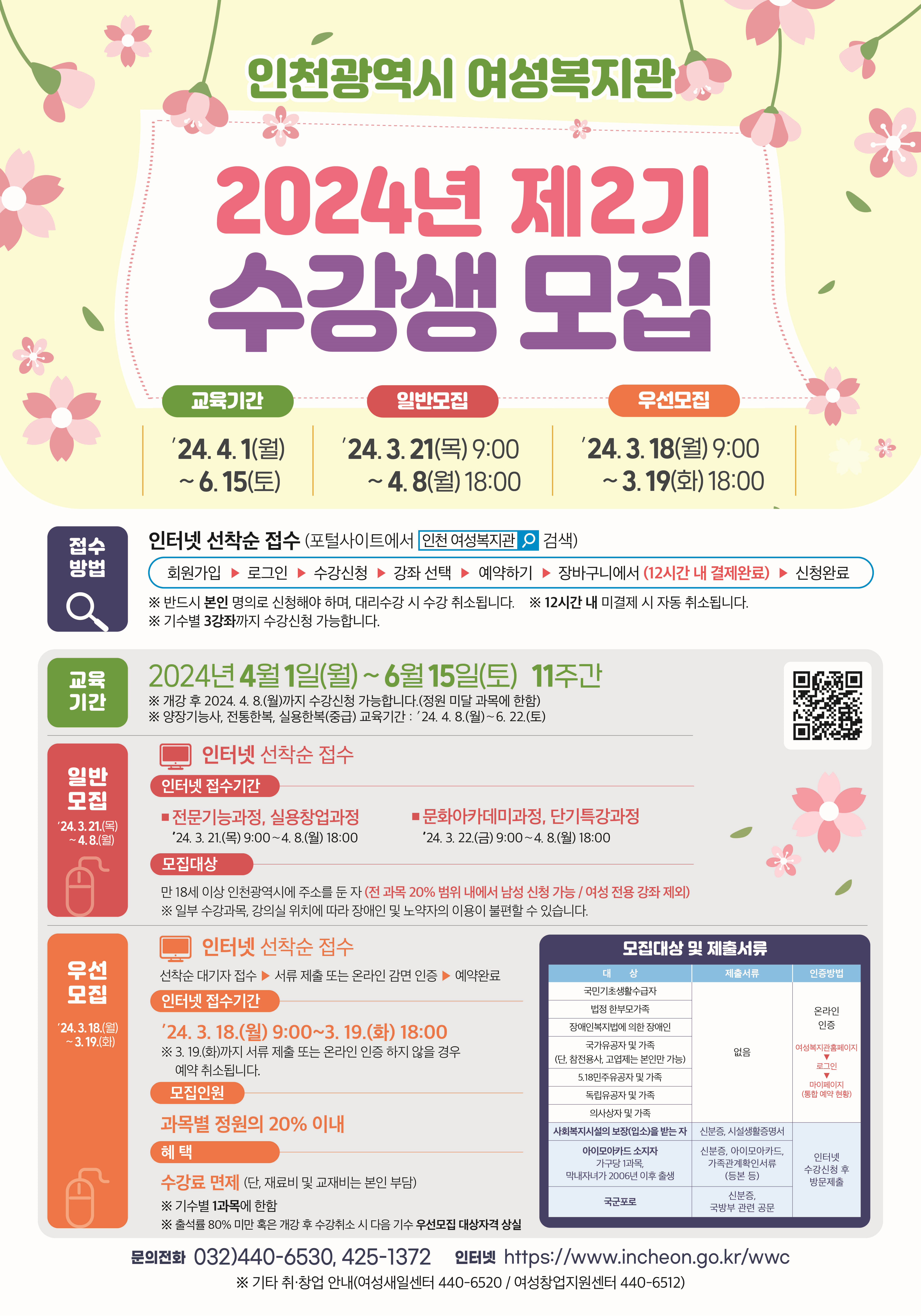 인천시 여성복지관, 2024년 제2기 수강생 모집 홍보 포스터