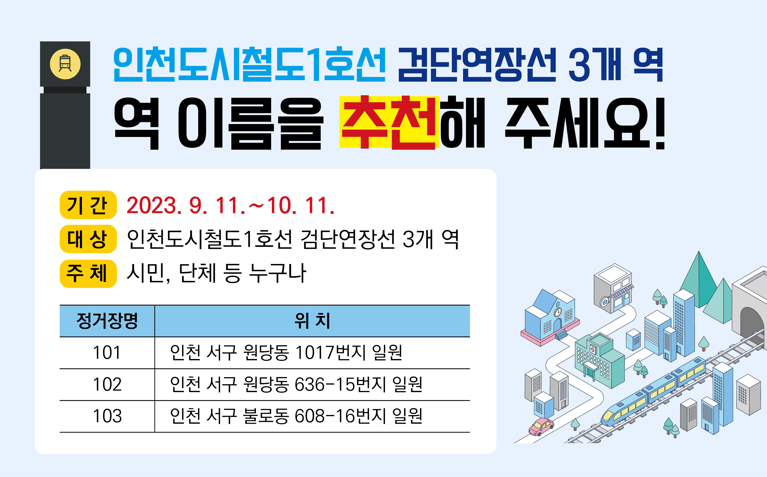인천도시철도1호선 검단연장선 3개 역명 추천
