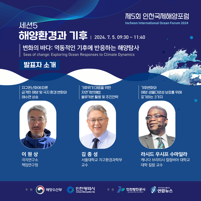 세션5
해양환경과 기후 ㅣ2024. 7. 5. 09:30 ~ 11:40
변화의 바다: 역동적인 기후에 반응하는 해양탐사 
Seas of change: Exploring Ocean Responses to Climate Dynamics
발표자 소개
지구온난화에 따른 급격한 해양 및 극지 환경 변화와 해수면 상승
이원상
극지연구소
책임연구원
기후위기 대응을 위한 자연기반해법: 블루카본 활용 및 추진전략
김종성
서울대학교 지구환경과학부
교수
기후변화와 해양 생물다양성 보호를 위해 포기하는 3가지
라시드 우시프 수마일라
캐나다 브리티시 컬럼비아 대학교 
대학 킬람교수