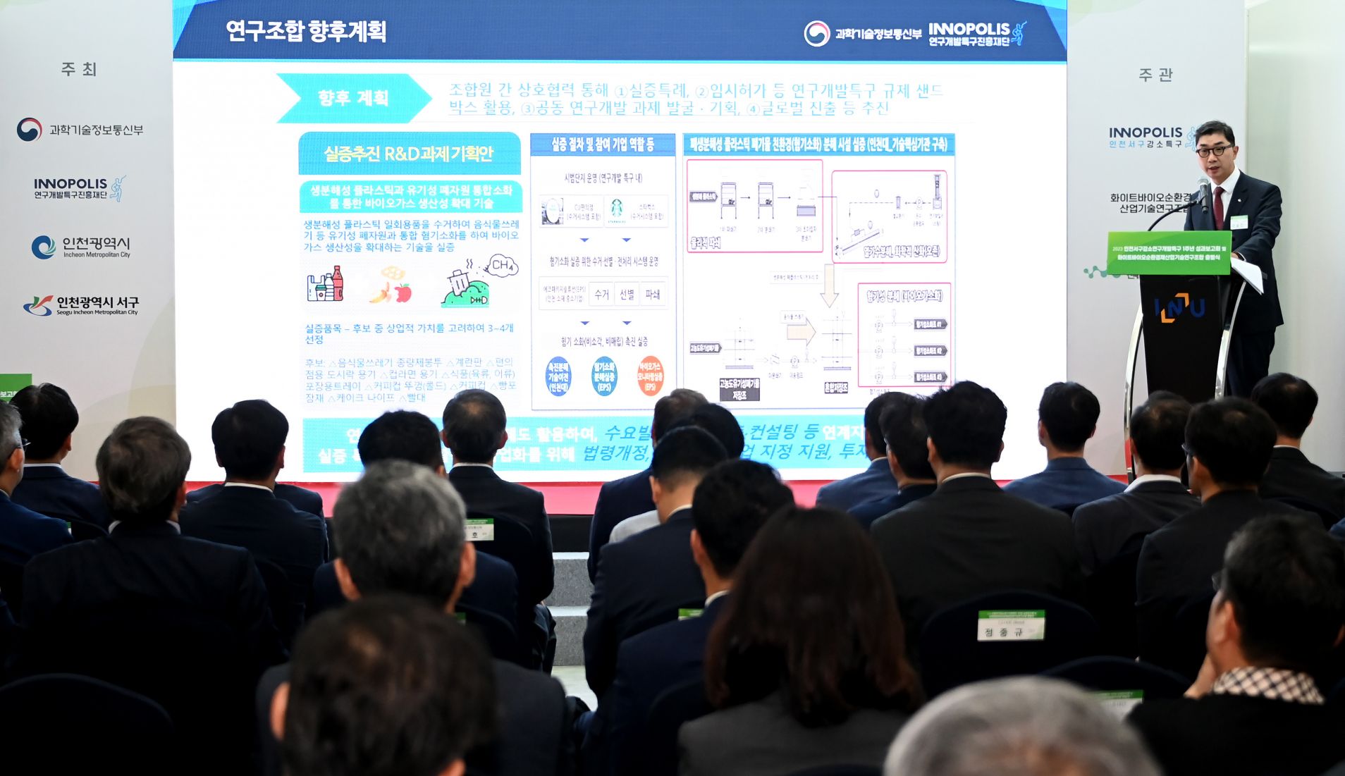 27일 인천대학교 이노베이션센터에서 열린 '2023 인천서구강소연구개발특구 1주년 성과보고회 및 화이트바이오순환경제산업기술연구조합 출범식'에서 화이트바이오순환경제산업기술연구조합 이사장이 연구조합 추진경과 및 향후계획을 발표하고 있다.