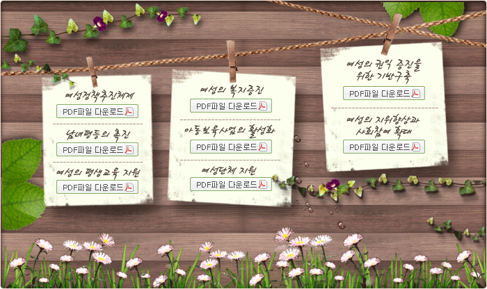 여성정책추진체계 (PDF파일 다운로드), 남녀평등의 촉진(PDF파일 다운로드), 여성의 평생교육 지원(PDF파일 다운로드), 여성의 복지증진(PDF파일 다운로드), 아동보육사업의 활성화 (PDF파일 다운로드), 여성단체 지원(PDF파일 다운로드), 여성의 권익 증진을 위한 기반구축(PDF파일 다운로드), 여성의 지위향상과 사회참여 확대(PDF파일 다운로드)