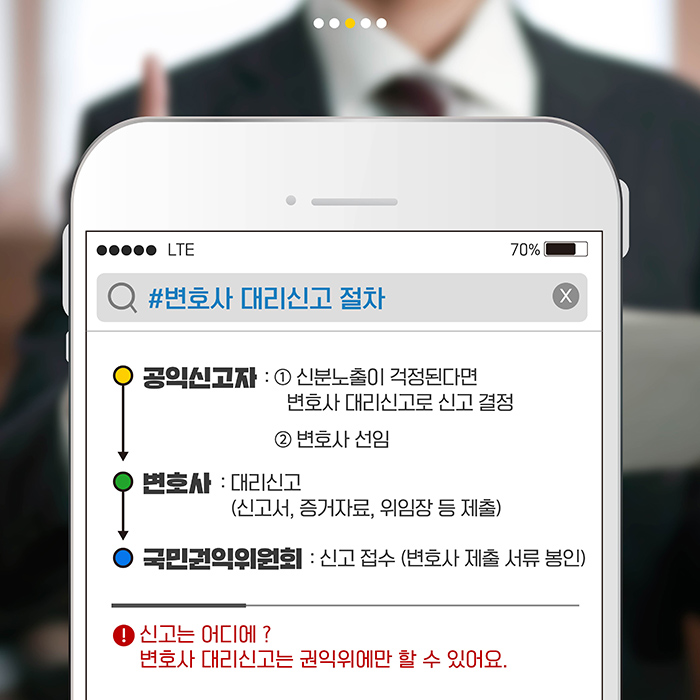 #변호사 대리신고 절차 | 공익신고자 : 1.신분노출이 걱정된다면  변호사 대리신고로 신고 결정,  2. 변호사 선임  | 변호사 : 대리신고(신고서, 증거자료, 위임장 등 제출)  | 국민권익위원회 : 신고 접수(변호사 제출 서류 봉인)    !신고는 어디에? 변호사 대리신고는 권익위에만 할 수 이있어요.