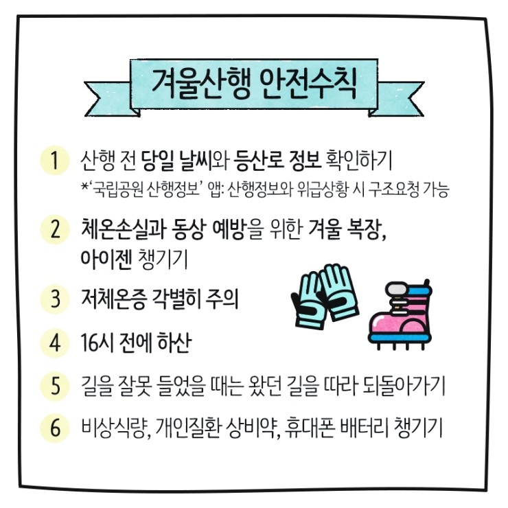 겨울산행 안전수칙 1 산행 전 당일 날씨와 등산로 정보 확인하기 *'국립공원 산행정보' 앱 : 산행정보와 위급상황 시 구조요청 가능 2. 체온손실과 동상 예방을 위한 겨울 복장, 아이젠 챙기기 3. 저체온증 각별히 주의 4. 16시 전에 하산  5. 길을 잘못 들었을 때는 왔던 길을 따라 되돌아가기 6. 비상식량, 개인질환 상비약, 휴대폰 배터리 챙기기