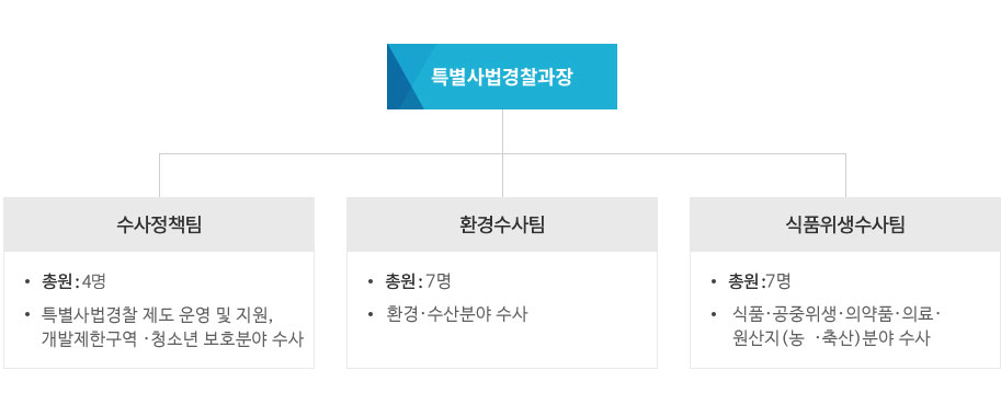 특별사법경찰과장 수사정책팀 · 총원 : 4명 · 특별사법경찰 제도 운영 및 지원, 개발제한구역 ·청소년 보호분야 수사 환경수사팀 · 총원 : 7명 · 환경·수산분야 수사 식품위생수사팀 · 총원 : 7명 · 식품·공중위생·의약품·의료·원산지(농·축산)분야 수사