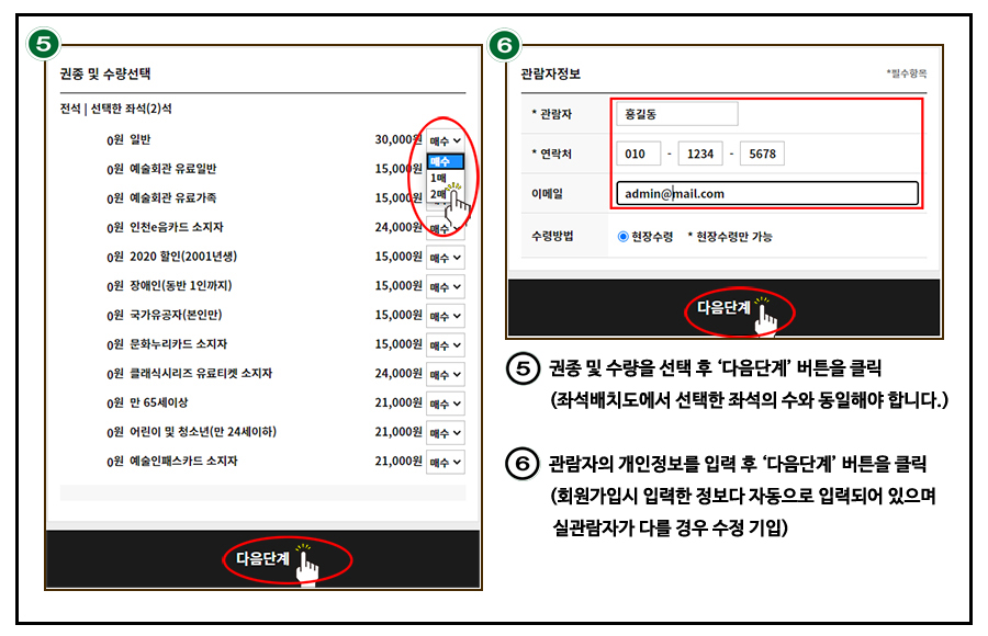 공연예매 방법 ⑤ 권종 및 수량을 선택 후 '다음단계' 버튼을 클릭(좌석배치도에서 선택한 좌석의 수와 동일해야 합니다.) ⑥ 관람자의 개인정보를 입력 후 '다음단계' 버튼을 클릭(회원가입시 입력한 정보가 자동으로 입력되어 있으며 실관람자가 다를 경우 수정 기입)