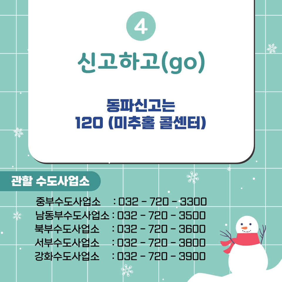 4. 신고하고(go)
 <br />동파신고는 120(미추홀 콜센터)
 <br />관할 수도사업소
 <br />중부수도사업소 : 032-720-3300
 <br />남동부수도사업소 : 032-720-3500
 <br />북부수도사업소 : 032-720-3600
 <br />서부수도사업소 : 032-720-3800
 <br />강화수도사업소 : 032-720-3900