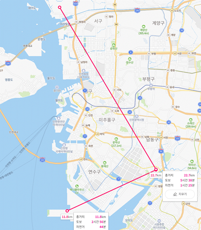 남동구~수도권매립지 및 연수구 자원순환센터까지의 거리 측정 이미지 남동구~수도권매립지까지 거리 : 22.7km, 남동구~연수구자원순환센터까지 거리:11.8km
