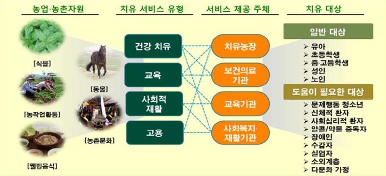 농업농촌자원
치유서비스유형 건강치유 교육 사회적재활 고용
서비스제공주체 치유농장 보건의료기관 교육기관 사회복지재활기관
치유대상 일반대상 도움이 필요한대상 각각 상이