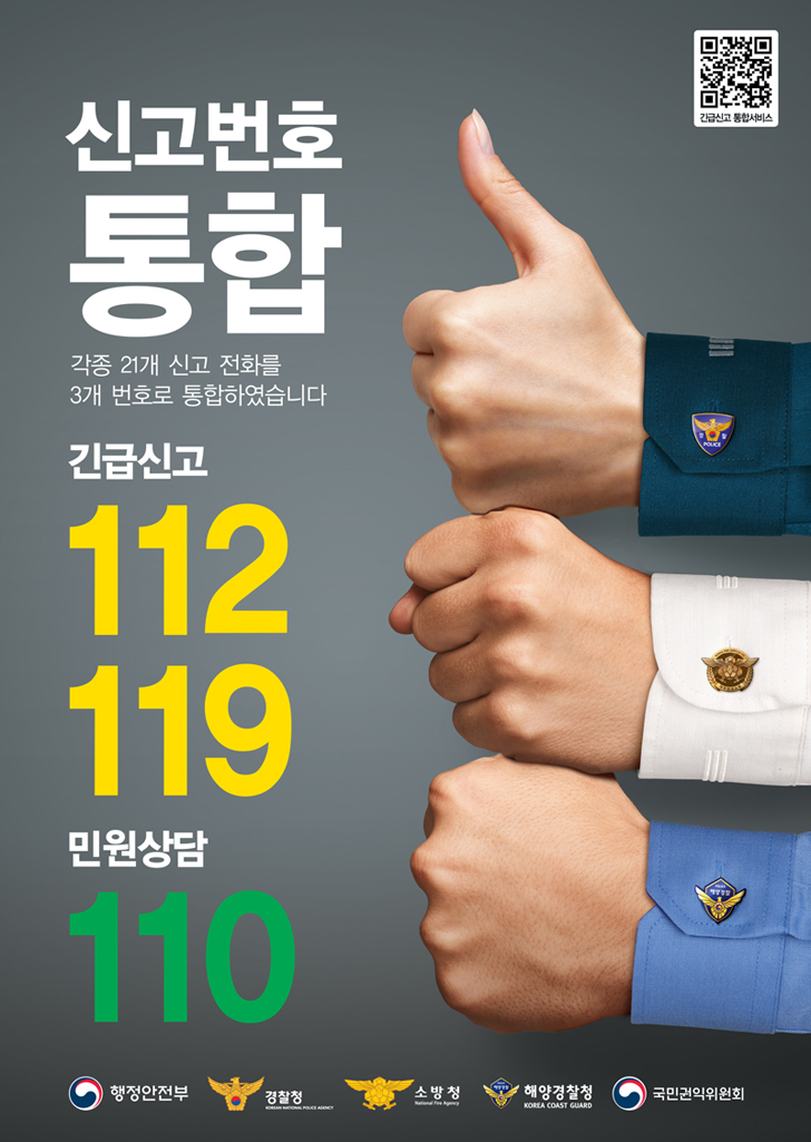 신고번호 통합
 <br />각종 21개 신고 전화를 3개 번호로 통합하였습니다
 <br />긴급신고 112, 119
 <br />민원상담 110
 <br />행정안전부, 경찰청, 소방청, 해양경찰청, 국민권익위원회