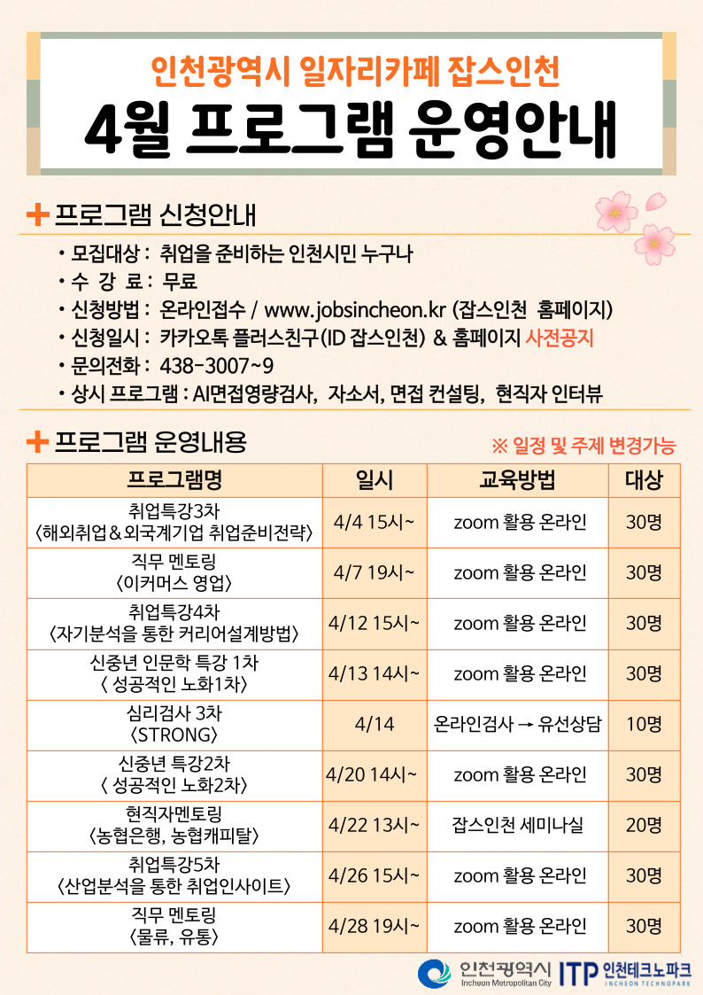 
인천광역시 일자리카페 잡스인천
4월 프로그램 운영안내
+ 프로그램 신청안내

모집대상: 취업을 준비하는 인천시민 누구나
•수강료 : 무료
•신청방법: 온라인접수 / www.jobsincheon.kr (잡스인천 홈페이지)
신청일시: 카카오톡 플러스친구(ID 잡스인천) & 홈페이지 사전공지
•문의전화: 438-3007~9
·
상시 프로그램 : AI면접영량검사, 자소서, 면접 컨설팅, 현직자 인터뷰
•프로그램 운영내용
※일정 및 주제 변경가능
프로그램명
일시
교육방법
대상
취업특강3차
4/415시~
zoom 활용 온라인
30명
<해외취업&외국계기업 취업준비전략>
직무 멘토링
4/7 19시~
<이커머스 영업>
zoom 활용 온라인
30명
취업특강4차
4/1215시~
zoom 활용 온라인
30명
<자기분석을 통한 커리어설계방법>
신중년 인문학 특강 1차
<성공적인 노화1차>
심리검사 3차
〈STRONG>
4/1314시~
zoom 활용 온라인
30명
4/14
온라인검사 유선상담
10명
신중년 특강2차
4/20 14시~
zoom 활용 온라인
30명
<성공적인 노화2차>
현직자멘토링
4/22 13시~
잡스인천 세미나실
20명
<농협은행, 농협캐피탈>
취업특강5차
4/26 15시~
zoom 활용 온라인
30명
<산업분석을 통한 취업인사이트>
직무 멘토링
4/28 19시~
zoom 활용 온라인
30명
<물류, 유통>