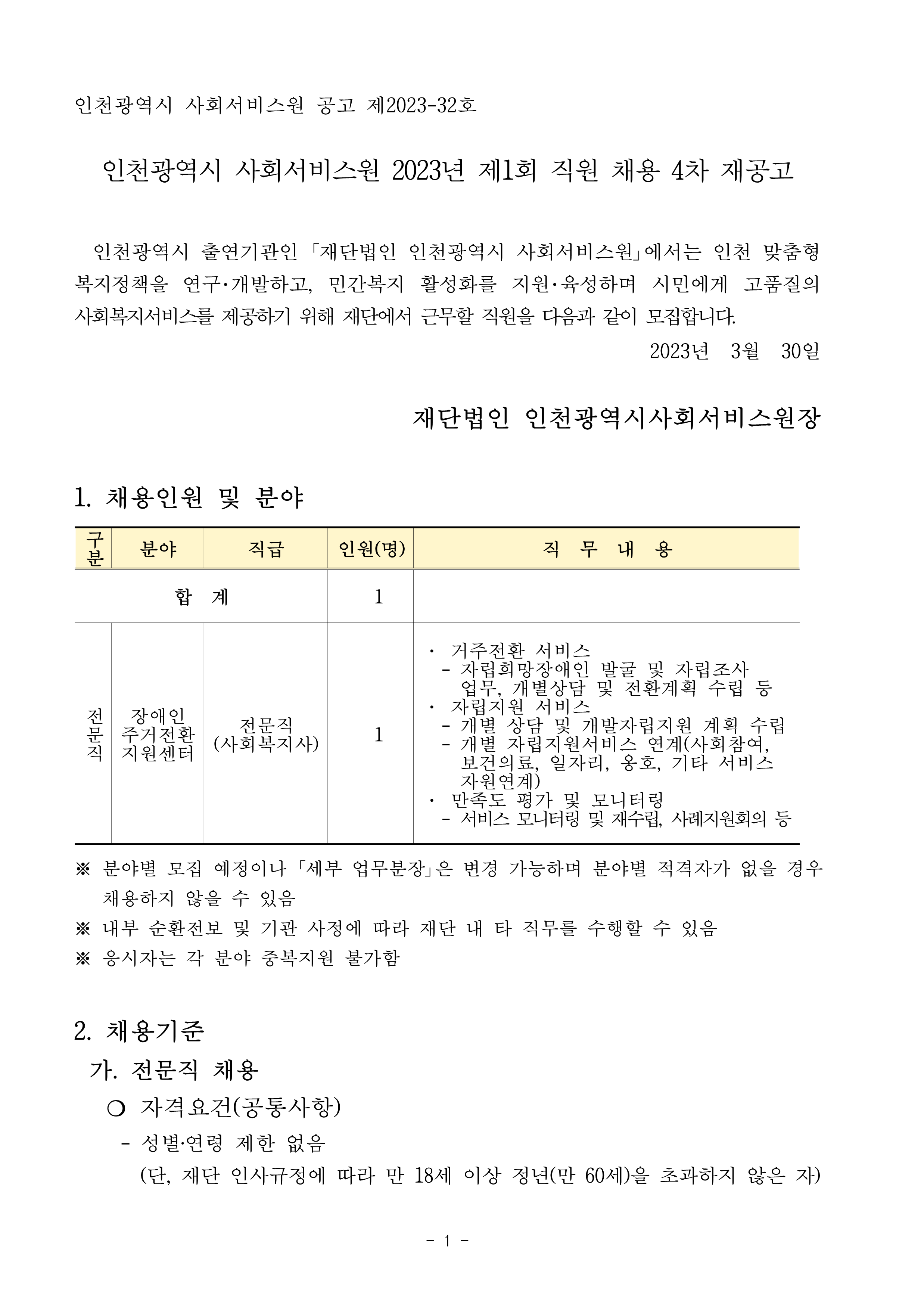 인천광역시 사회서비스원 공고 제2023-32호
인천광역시 사회서비스원 2023년 제1회 직원 채용 4차 재공고
 인천광역시 출연기관인 ｢재단법인 인천광역시 사회서비스원｣에서는 인천 맞춤형 
복지정책을 연구･개발하고, 민간복지 활성화를 지원･육성하며 시민에게 고품질의 
사회복지서비스를 제공하기 위해 재단에서 근무할 직원을 다음과 같이 모집합니다. 2023년 3월 30일
재단법인 인천광역시사회서비스원장
1. 채용인원 및 분야
구
분 분야 직급 인원(명) 직 무 내 용
합 계 1
전
문
직
장애인
주거전환
지원센터
전문직
(사회복지사) 1
· 거주전환 서비스
 - 자립희망장애인 발굴 및 자립조사 
업무, 개별상담 및 전환계획 수립 등
· 자립지원 서비스
 - 개별 상담 및 개발자립지원 계획 수립
 - 개별 자립지원서비스 연계(사회참여, 보건의료, 일자리, 옹호, 기타 서비스 
자원연계)
· 만족도 평가 및 모니터링
 - 서비스 모니터링 및 재수립, 사례지원회의 등
※ 분야별 모집 예정이나 ｢세부 업무분장｣은 변경 가능하며 분야별 적격자가 없을 경우 
채용하지 않을 수 있음
※ 내부 순환전보 및 기관 사정에 따라 재단 내 타 직무를 수행할 수 있음
※ 응시자는 각 분야 중복지원 불가함
2. 채용기준
가. 전문직 채용
❍ 자격요건(공통사항)
- 성별‧연령 제한 없음
(단, 재단 인사규정에 따라 만 18세 이상 정년(만 60세)을 초과하지 않은 자)