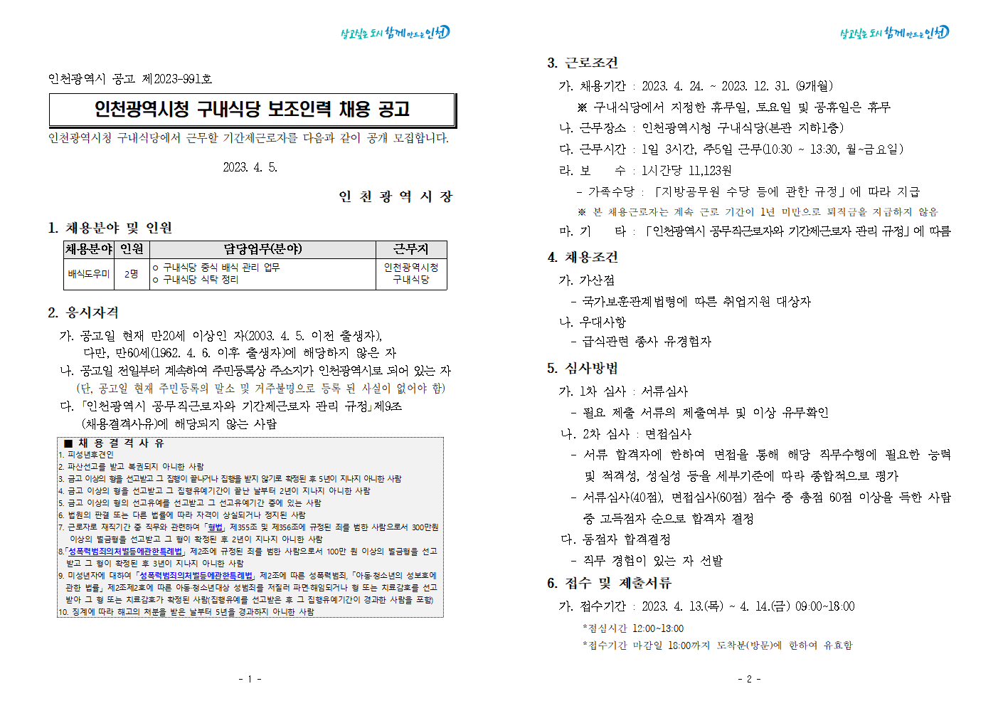 인천광역시 공고 제2023-991호

인천광역시청 구내식당 보조인력 채용 공고

인천광역시청 구내식당에서 근무할 기간제근로자를 다음과 같이 공개 모집합니다.

2023. 4. 5.

인 천 광 역 시 장
1. 채용분야 및 인원
  
채용분야
인원
담당업무(분야)
근무지
배식도우미
2명
ㅇ 구내식당 중식 배식 관리 업무
ㅇ 구내식당 식탁 정리
인천광역시청
구내식당

2. 응시자격
  가. 공고일 현재 만20세 이상인 자(2003. 4. 5. 이전 출생자), 
      다만, 만60세(1962. 4. 6. 이후 출생자)에 해당하지 않은 자
  나. 공고일 전일부터 계속하여 주민등록상 주소지가 인천광역시로 되어 있는 자
     (단, 공고일 현재 주민등록의 말소 및 거주불명으로 등록 된 사실이 없어야 함) 
  다. ｢인천광역시 공무직근로자와 기간제근로자 관리 규정｣제9조
       (채용결격사유)에 해당되지 않는 사람