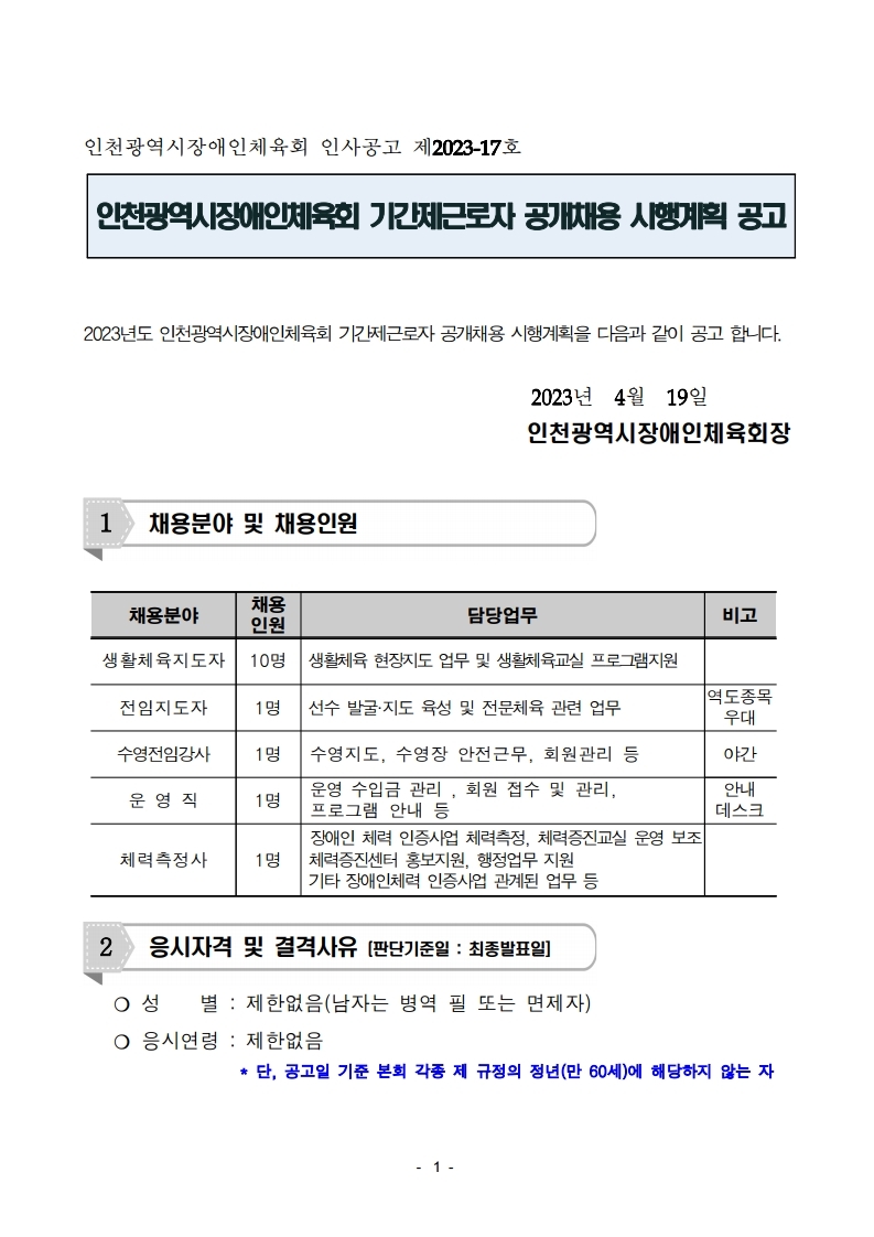 
인천광역시장애인체육회 인사공고 제2023-17호
인천광역시장애인체육회 기간제근로자 공개채용 시행계획 공고
2023년도 인천광역시장애인체육회 기간제근로자 공개채용 시행계획을 다음과 같이 공고합니다.
1 채용분야 및 채용인원
2023년 4월 19일
인천광역시장애인체육회장
채용
채용분야
담당업무
비고
인원
생활체육지도자
10명 생활체육 현장지도 업무 및 생활체육교실 프로그램지원
전임지도자
1명
선수 발굴지도 육성 및 전문체육 관련 업무
역도종목 우대
수영전임강사
1명
수영지도, 수영장 안전근무, 회원관리 등
야간
운영직
1명
운영 수입금 관리, 회원 접수 및 관리, 프로그램 안내 등
안내
데스크
장애인 체력 인증사업 체력측정, 체력증진교실 운영 보조
체력측정사
1명
체력증진센터 홍보지원, 행정업무 지원
기타 장애인체력 인증사업 관계된 업무 등
2
응시자격 및 결격사유 [판단기준일: 최종발표일]
ᄋ 성 별 : 제한없음(남자는 병역 필 또는 면제자)
○ 응시연령 : 제한없음
* 단, 공고일 기준 본회 각종 제 규정의 정년(만 60세)에 해당하지 않는 자
1-