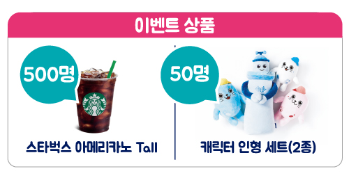 이벤트 상품 스타벅스 아메리카노 톨사이즈 500명
인천시 캐릭터 인형세트 2종 50명