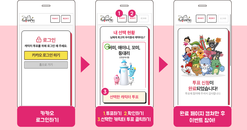 우리동네 캐릭터 투표 참여방법 ①카카오 로그인
②인천시 캐릭터(버미, 애이니, 꼬미, 등대리) 선택하기!
③캐릭터 투표 확인 후 선택한 캐릭터 투표 클릭!
④투표신청이 완료되었습니다! 페이지 캡쳐!