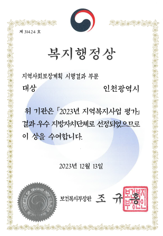 지역복지사업 평가 우수(대상)