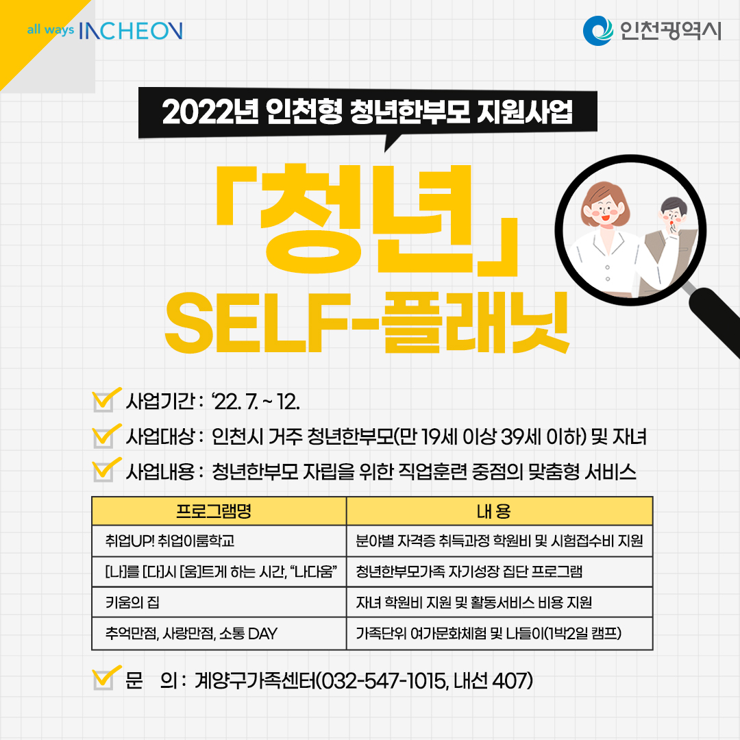 2022년 인천형 청년한부모 지원사업 청년 SELF 플래닛