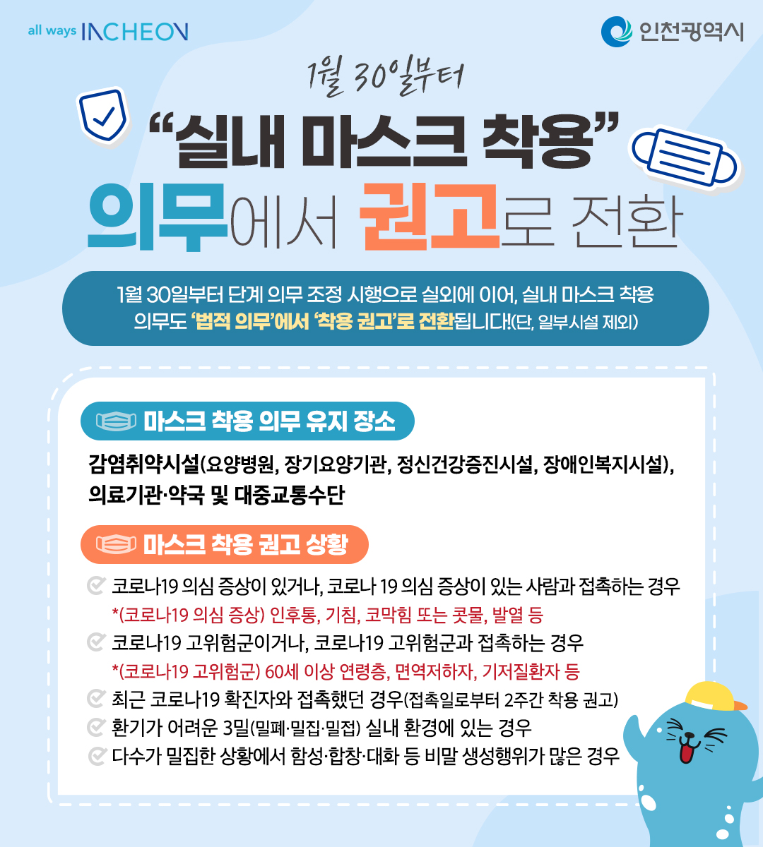 실내 마스크 착용 의무에서 권고로 전환!(1.30.부터~)