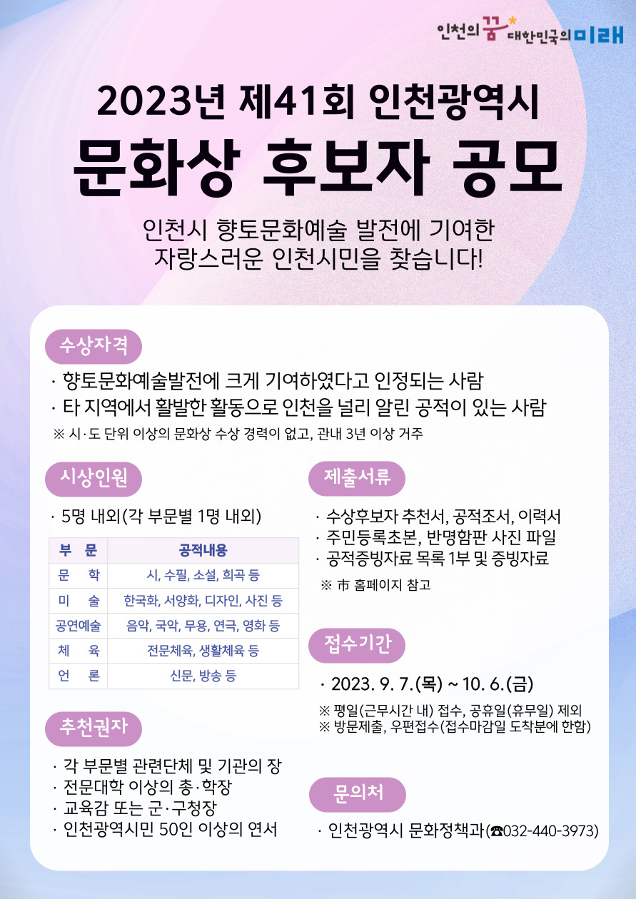 2023년 제41회 인천광역시 문화상 후보자 공모
