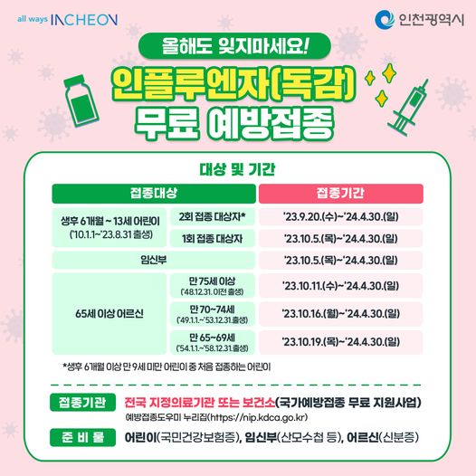 인플루엔자(독감) 무료 예방 접종 안내