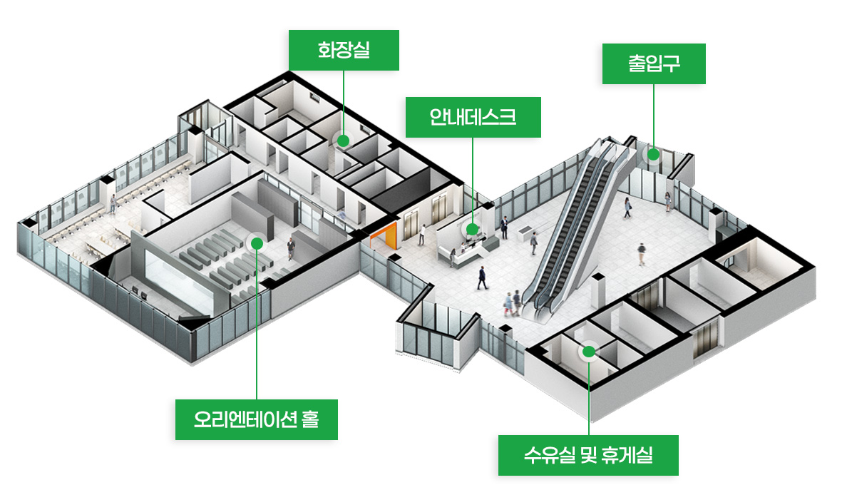 인천안전체험관 1층 약도 - 오리엔테이션홀, 화장실, 안내데스크, 출입구, 수유실 및 화장실의 위치를 표시한 이미지