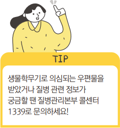 TIP : 생물학무기로 의심되는 우편물을
                            받았거나 질병 관련 정보가
                            궁금할 땐 질병관리본부 콜센터
                            1339로 문의하세요!