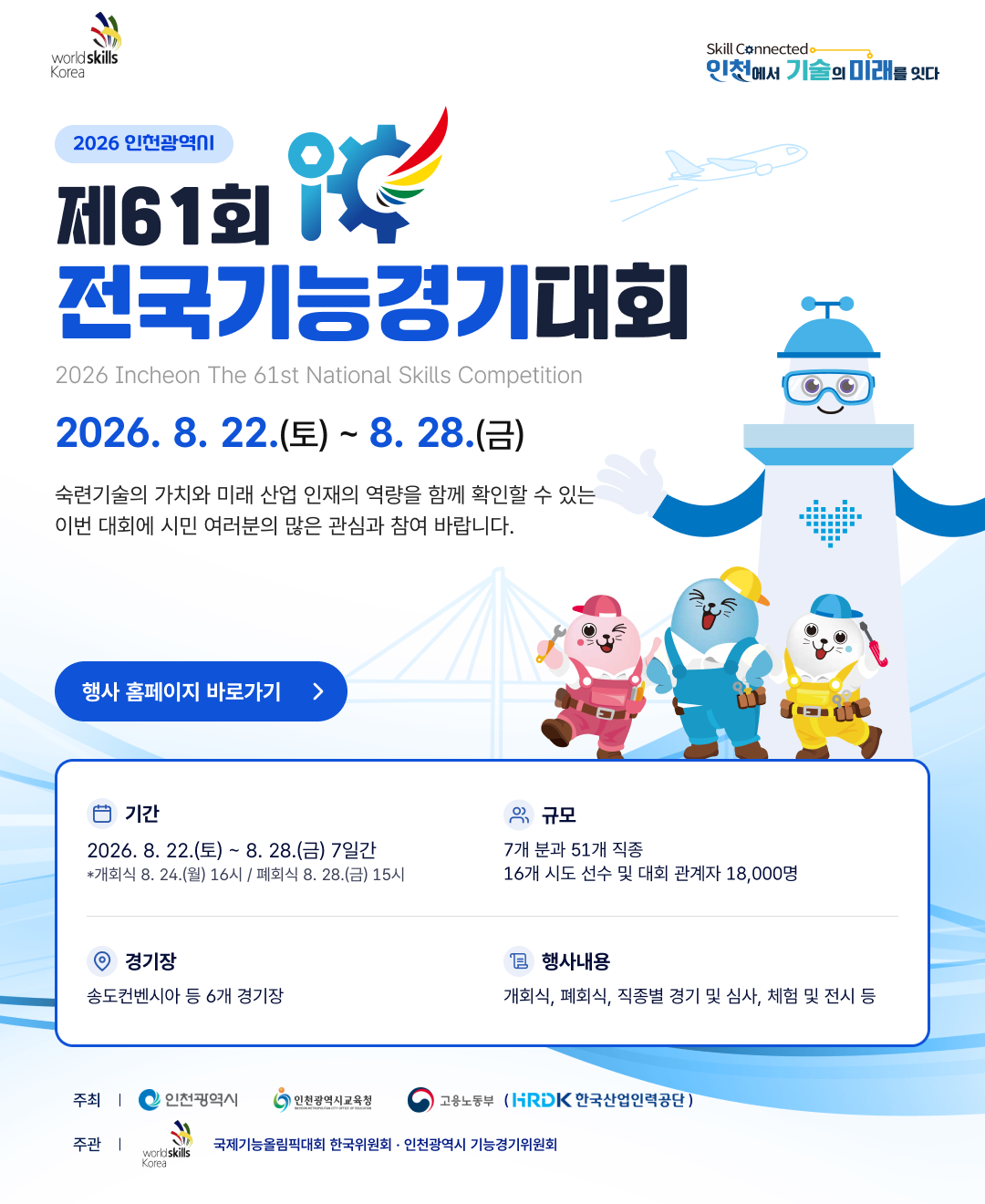 2026 인천광역시 제61회 전국기능경기대회 (2026 Incheon The 61st National Skills Competition)  2026. 8. 22.(토) ~ 8. 28.(금) 숙련기술의 가치와 미래 산업 인재의 역량을 함께 확인할 수 있는 이번 대회에 시민 여러분의 많은 관심과 참여 바랍니다.  □ 기간: 2026. 8. 22.(토) ~ 8. 28.(금) 7일간 *개회식 8. 24.[월) 16시 / 페회식 8. 28.(금) 15시 □ 규모: 7개 분과 51개 직종 16개 시도 선수 및 대회 관계자 18,000명 □ 경기장: 송도컨벤시아 등 6개 경기장 □ 행사내용: 개회식, 폐회식, 직종별 경기 및 심사, 체험 및 전시 등  주최: 인천광역시, 인천광역시 교육청, 고용노동부(한국산업인력관리공단) 주관: 국제기능올림픽대회 한국위원회, 인천광역시 기능위원회