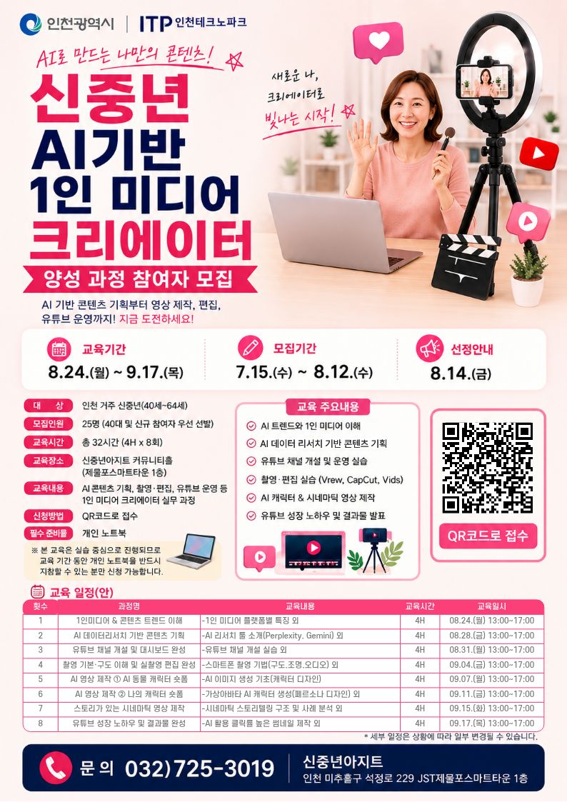 인천광역시 | ITP인천테크노파크  AI로 만드는 나만의 콘텐츠! 신중년 AI기반 1인 미디어 크리에이터 양성 과정 참여자 모집 AI 기반 콘텐츠 기획부터 영상 제작, 편집, 유튜브 운영까지! 지금 도전하세요! 새로운 나, 크리에이터로 빛나는 시작!   교육기간 8.24.(월) ~ 9.17.(목)  모집기간 7.15.(수) ~ 8.12.(수)   선정안내 8.14.(금)  대상 인천 거주 신중년(40세~64세)  모집인원 25명 (40대 및 신규 참여자 우선 선발)  교육시간 총 32시간 (4H × 8회)  교육장소 신중년아지트 커뮤니티홀 (제물포스마트타운 1총)   교육내용 Al 콘텐츠 기획, 활영·편집, 유튜브 운영 등 1인 미디어 크리에이터 실무 과정   신청방법 QR코드로 접수  필수 준비물 개인 노트북  ※ 본 교육은 실습 중심으로 진행되므로 교육 기간 동안 개인 노트북을 반드시 지참할 수 있는 본만 신청 가능합니다.   교육 주요내용 AI 트렌드와 1인 미디어 이해 AI 데이터 리서치 기반 콘텐츠 기획 유튜브 채널 개설 및 운영 실습 찰영 ·편집 실습 (Vrew, CapCut, Vids) AI 캐릭터 & 시네마틱 영상 제작 유튜브 성장 노하우 및 결과물 발표   교육 일정(안) 횟수  과정명 교육내용 교육시간 교육일시  1 1인미디어 & 콘텐츠 트렌드 이해 -1인 미디어 플랫폼별 특징 외 4H 08.24.(월) 13:00~17:00  2 AI 데이터리서치 기반 콘텐츠 기획 -AI 리서치 툴 소개(Perplexity. Gemini) 외 4H 08.28.(금) 13:00~17:00  3 유튜브 채널 개셜 및 대시보드 완성 -유튜브 채널 개설 실습 외 4H 08.31.(월) 13:00~17:00  4 촬영 기본·구도 이해 및 실촬영 편집 완성 -스마트폰 촬영 기법(구도,조명.오디오) 외 4H 09.04.(금) 13:00~17:00  5 AI 영상 제작 1 AI 동물 캐릭터 숏품 -AI 이미지 생성 기초(캐릭터 디자인) 4H 09.07.(월) 13:00~17:00  6 AI 영상 제작 2 나의 캐릭터 숏폼 -가상아바타 AI 캐릭터 생성(페르소나 디자인) 외 4H 09.11.(금) 13:00~17:00  7 스토리가 있는 시네마틱 영상 제작 -시네마틱 스토리텔링 구조 및 사례 분석 외 4H 09.15.(화) 13:00~17:00  8 유튜브 성장 노하우 및 결과물 완성 -Al 활용 클릭률 높은 썸네일 제작 외 4H 09.17.(목) 13:00~17:00  * 세부 일정은 상황에 따라 일부 변경될 수 있습니다.  문의 032)725-3019 신중년아지트 인천 미추홀구 석정로 229 JST제물포스마트타운 1층