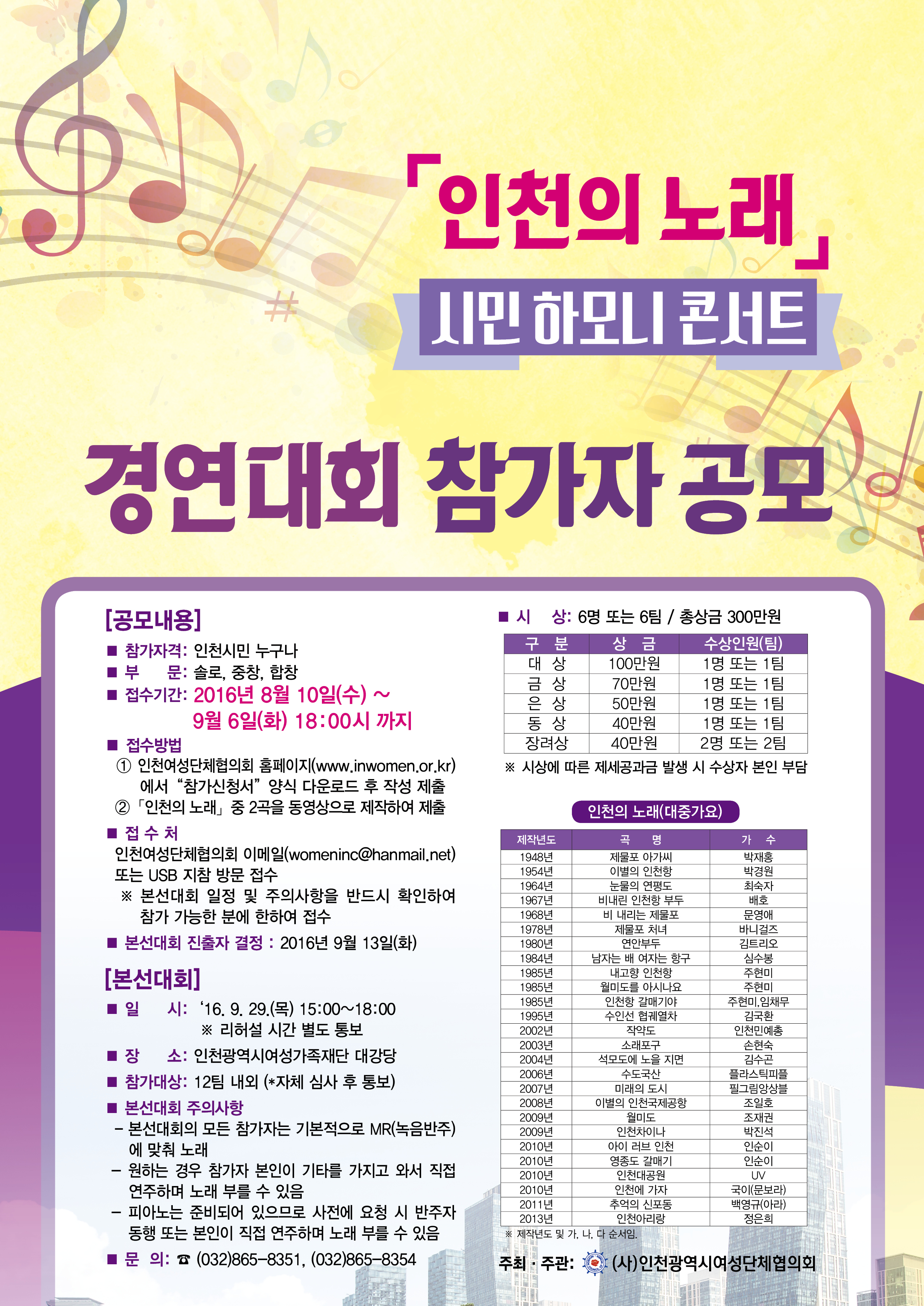 인천의노래 시민하모니 콘서트 경연대회 참가자 공모 포스터