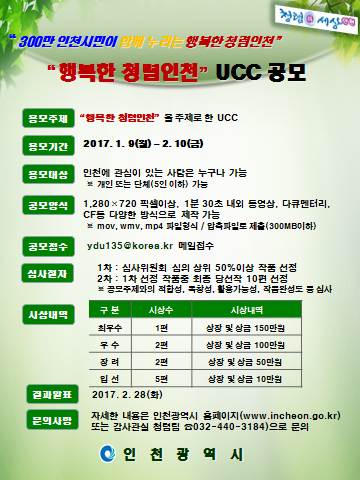 행복한 청렴인천 UCC 공모/응모주체 행복한 청렴인천을 주제로한 UCC/흥모기간 2017.1.9(월)~2.10(금)/응모대상 인천에 관심이 있는 사람은 누구나 가능